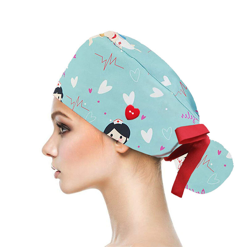 Topi Scrub Toko Hewan Peliharaan Dapat Disesuaikan dengan Tombol Topi Bouffant dengan Sweatband Topi Kerja Kecantikan Topi Menyusui untuk Wanita Topi Perawat Rambut Panjang