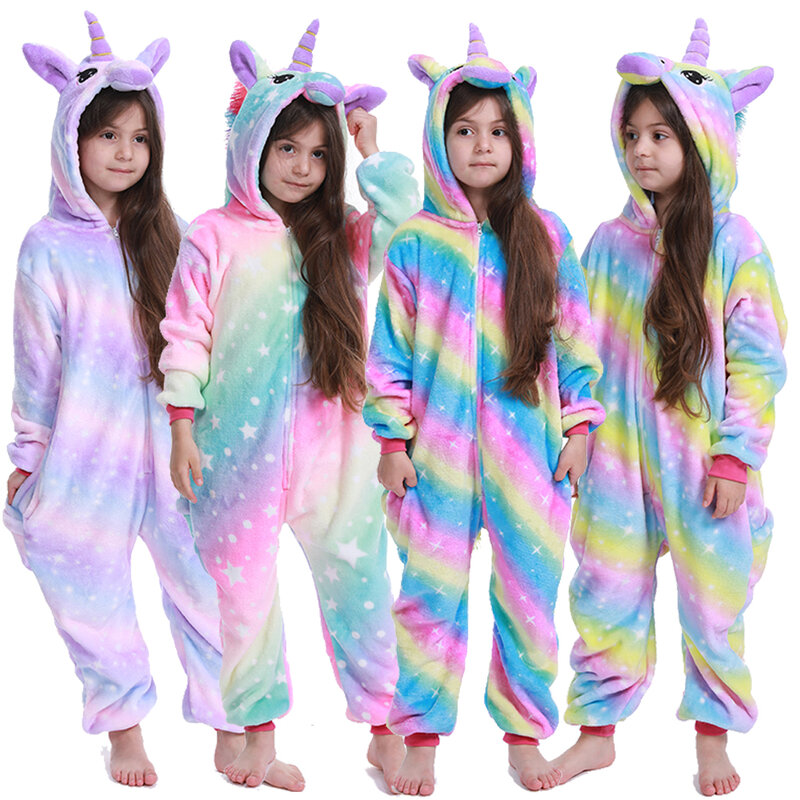 Pijamas para crianças, pijamas de inverno com estampas kigurumi, unicórnio, para crianças