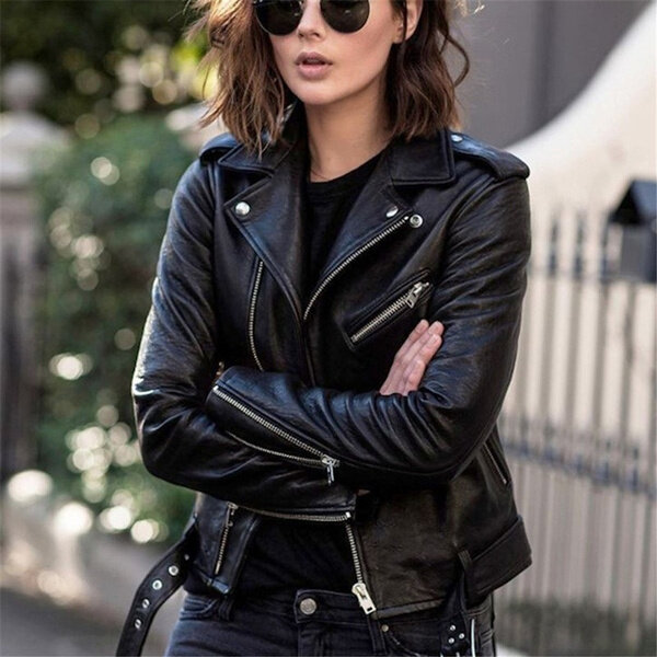Autunno inverno donna giacca in pelle PU moda colletto rovesciato cerniera Moto Biker giacca cappotto femminile Slim giacche corte con cintura