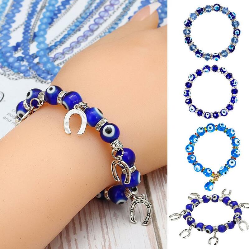 Evil Eyes bransoletka z paciorkami 4 rodzaje niebieski Stretch Charm Wrist-band Chain biżuteria Amulet z niebieskie oko sztuczny kamień podkowy