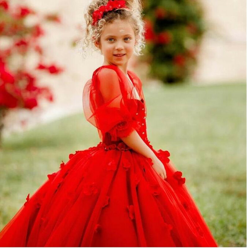 Gaun jala merah anak perempuan, gaun pesta ulang tahun bunga manik-manik setengah lengan, pakaian Banquet khusus untuk kontes 3-applique