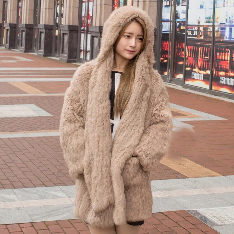 Зимнее женское пальто с капюшоном из натурального кроличьего меха, широкий свитер накидка, меховое пальто, меховые куртки с капюшоном