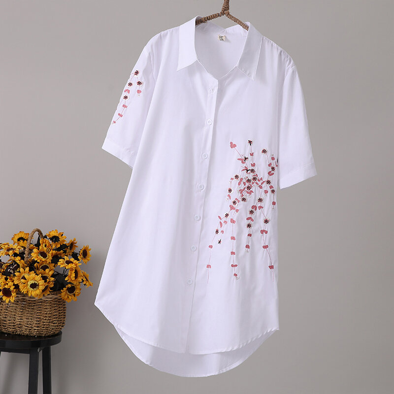 Blusa holgada de manga corta con bordado de flores para primavera y verano, camisa elegante de algodón 2021, estilo étnico, 100%