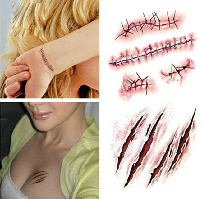 Horrible Zombie Scars Tattoos With Fake Scab Blood Makeup Halloween Party Decoration Wound Scary Blood Injury Sticker Wholesale