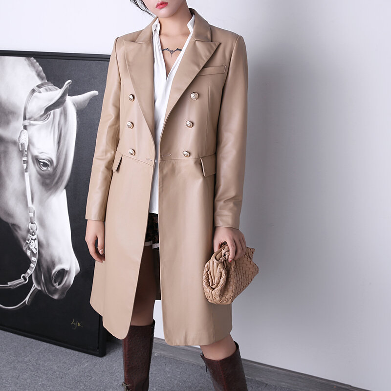 Fabrik Neue Ankunft Frauen Mode Lange Echtem Leder zweireiher Dünne Windjacke
