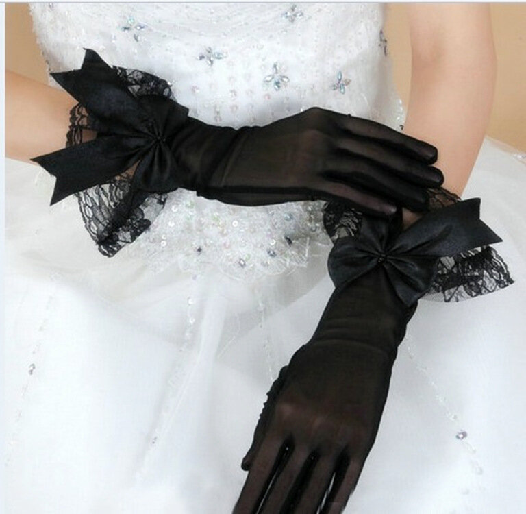ถุงมือยาวถึงข้อมือผ้าโปร่งบางสีดำมีลูกไม้/โบว์2022
