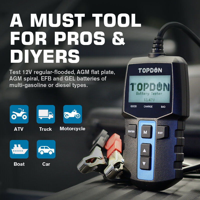 TOPDON Tester baterai mobil BT100, alat pemindai pengisian Cranking kendaraan penganalisis baterai diagnosa Otomotif Digital 12V