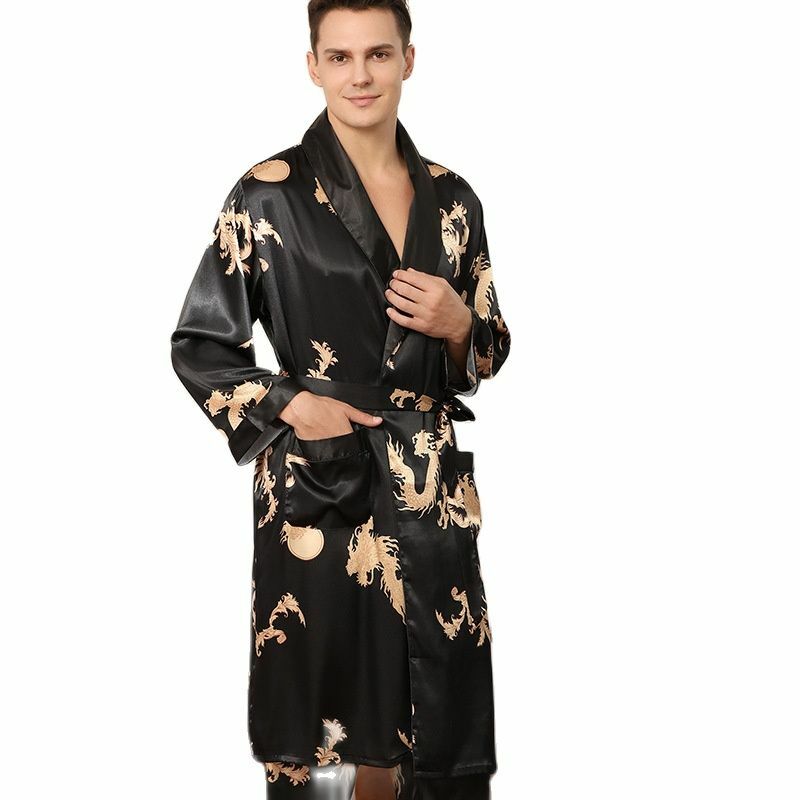 Roupa de dormir de cetim masculino robe & pants dargon pijamas conjunto de impressão dos homens roupa de noite quimono roupão de banho