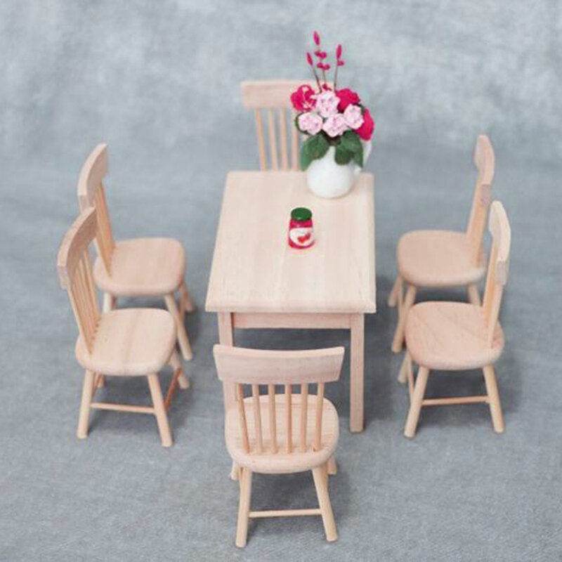 Mobília em miniatura para casa de boneca 1:12, mesa de jantar de madeira com 6 modelos de cadeira, conjunto de acessórios para quarto de miniaturas