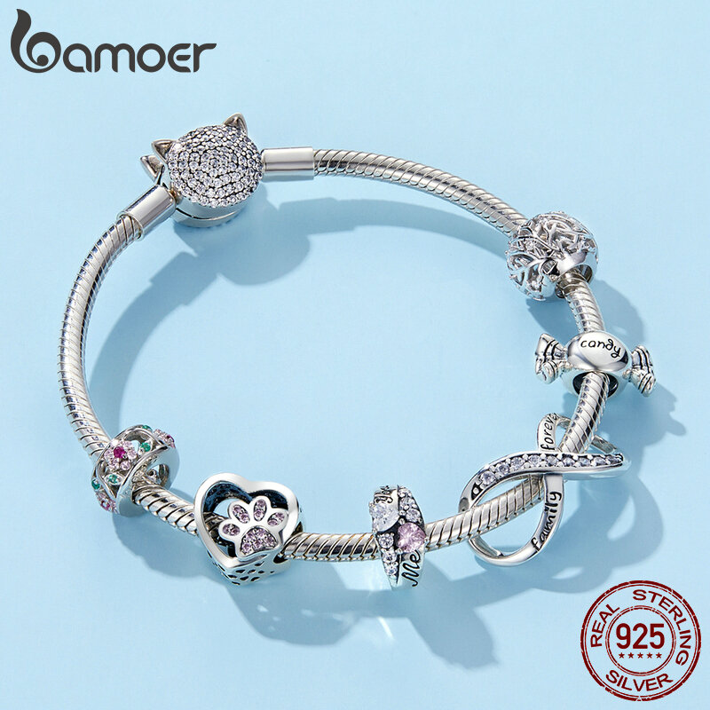 Bamoer-925 Sterling Silver Charm Collection, Dazzling CZ Beads, Pulseiras e Bangles, Fine Jewelry, BSC039