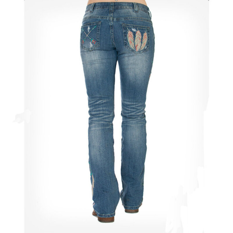 Прямые продажи с фабрики, женские джинсы Amazonwish, вышитые перьями, узкие женские джинсы размера