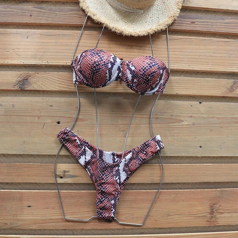 Riseado nadruk węża zestaw bikini stroje kąpielowe Bandeau kobiety wiązane stroje kąpielowe damskie brazylijskie Biquini 2020 Summer Beach Wear kąpiących się
