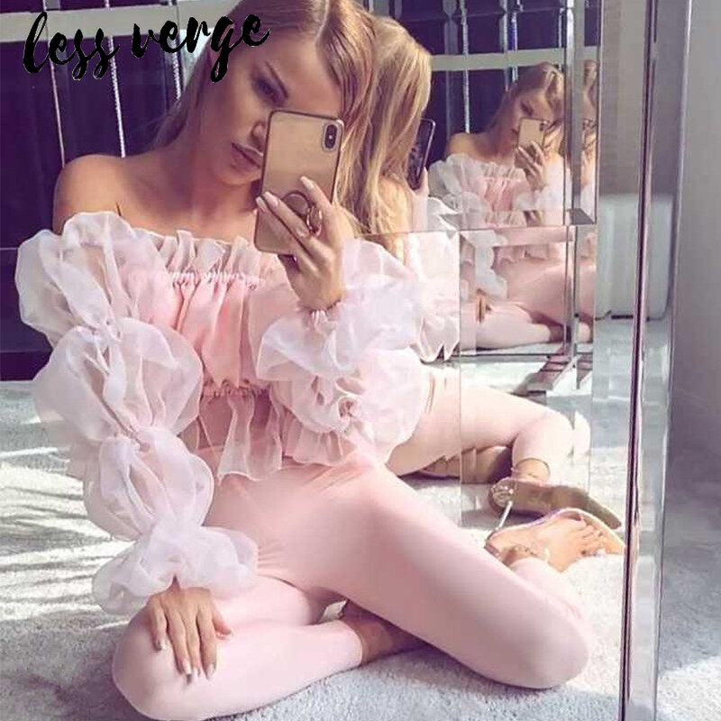 Lessverge 오프 숄더 프릴 메쉬 화이트 블라우스 셔츠 우아한 자른 여성 탑스 peplum 섹시한 핑크 가을 겨울 blusas mujer