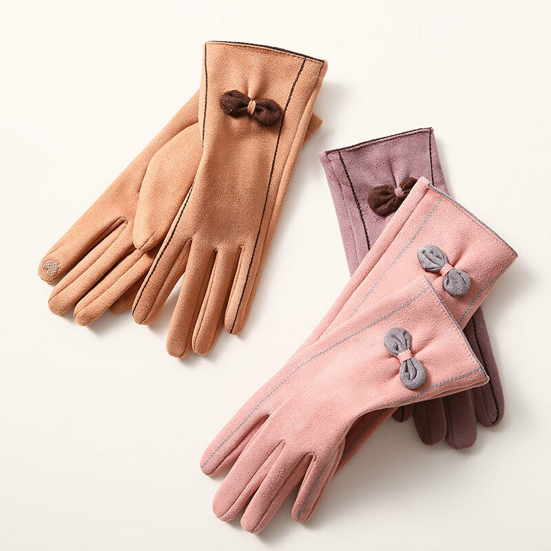 Frauen Winter Warm Halten Touchscreen Wildleder Non-Slip Wearable Outdoor Radfahren Stick Verdicken Plus Samt Elegante Bogen Weichen handschuhe