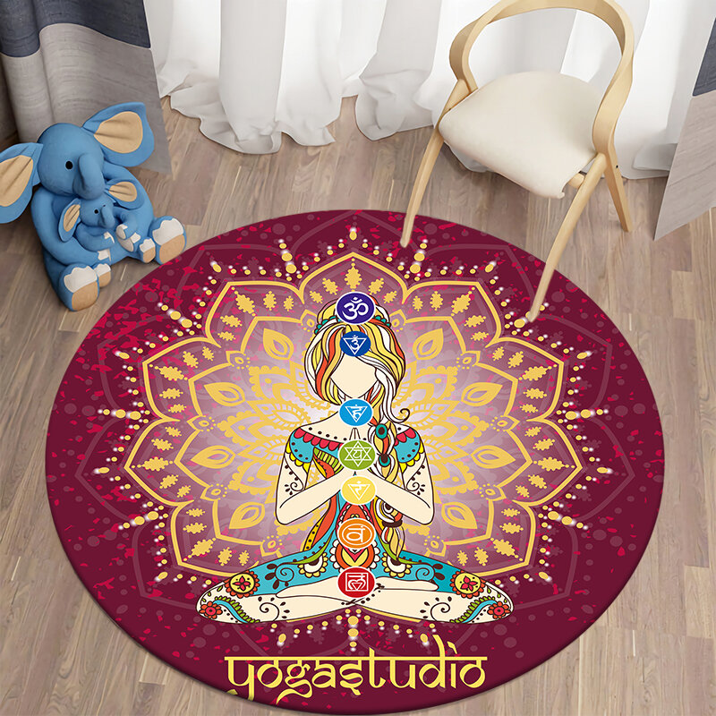 Alfombras redondas de Chakra para sala de estar, alfombra para el hogar con temática de meditación, alfombrilla para el suelo del dormitorio, decoración del hogar