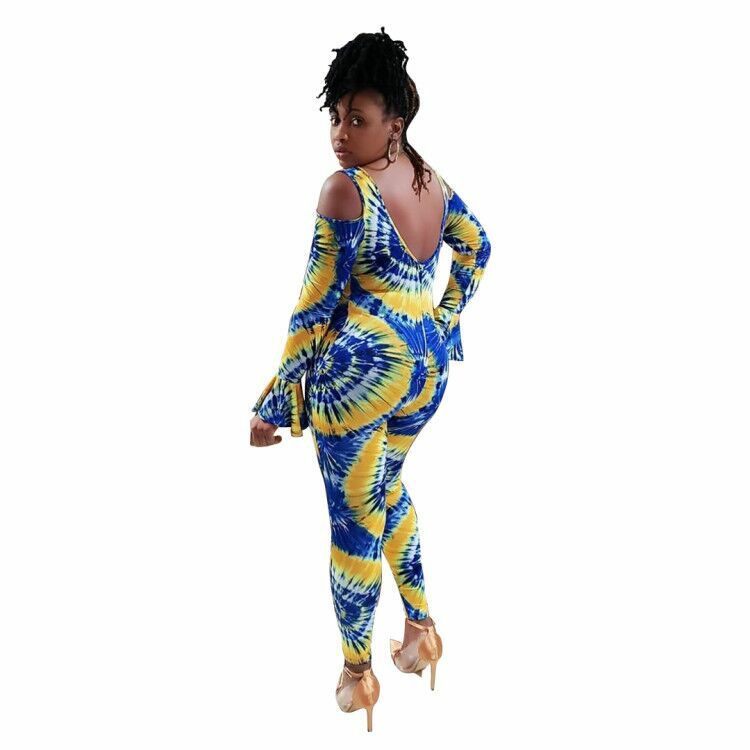 BKLD Jumpsuit 2020 Women Fashion Clothing Flare Sleeve Cold Shoulder Backless Tie Dye Printed Womens Jumpsuits Long Pants