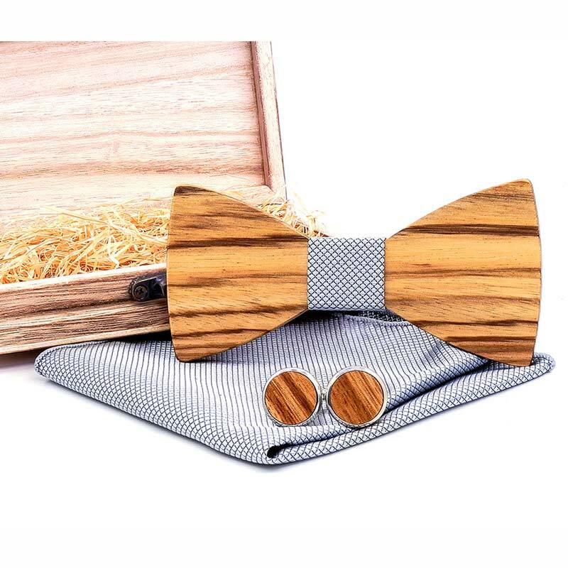 الرجال منقوشة خشبية ربطة القوس Tie مجموعة مخطط الخشب ربطة العنق منديل أزرار أكمام مجموعات مع صندوق خشبي للرجال هدية الزفاف