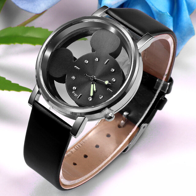 Relógios transparentes femininos, pulseira de couro azul, relógios de pulso de quartzo, presentes fofos para senhoras