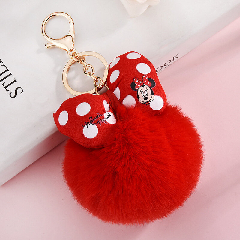 Disney Minnie Mickey Maus Plüsch Schlüsselanhänger Cartoon Polka Dot Bogen Pom-Pom Schlüssel Ring Anhänger Auto Tasche Ornament Mädchen kind Geschenk Spielzeug