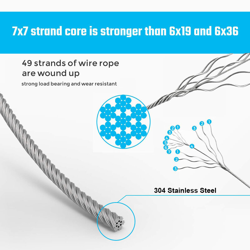 Wire Rope Stainless Steel 304 Wire Cable Aircraft Cable 7x7 Strand Core 368 lbs Breaking Streng for Outdoor Yard Garden