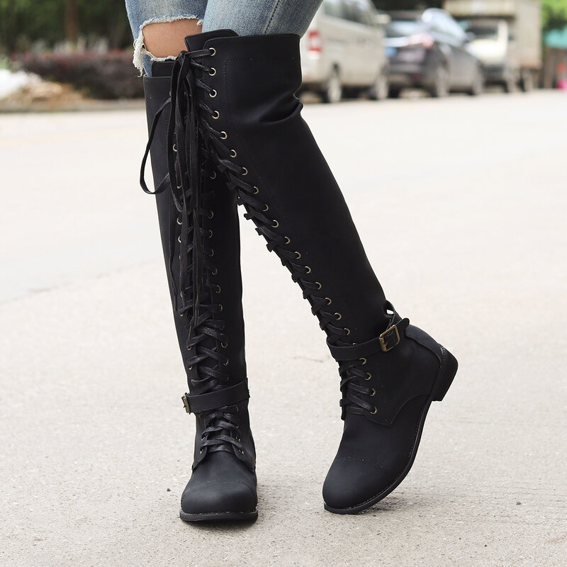 2019 New Women Thigh High Boots Fashion Suede Leather High Heels Lace up Female Over The Knee Boots Plus Size Women Shoes