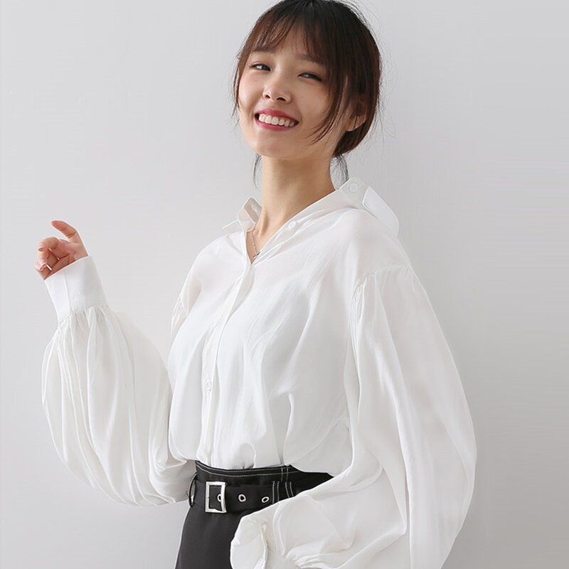 Blusa feminina de chiffon manga bufante, camisa feminina folgada para escritório primavera outono elegante dd2347