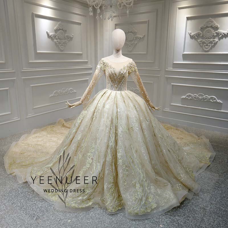 Hot sale 2020 brand gold wedding dress real work high quality full beading lace dubai wedding dresses