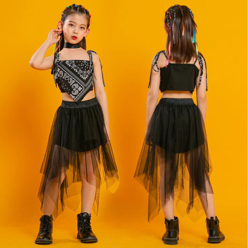 Pakaian Punk Hip Hop Anak-anak Kaus Potongan Lengan Puff Leher Persegi Celana Rok Jala Berlipat untuk Anak Perempuan Set Pakaian Kostum Tari Jazz