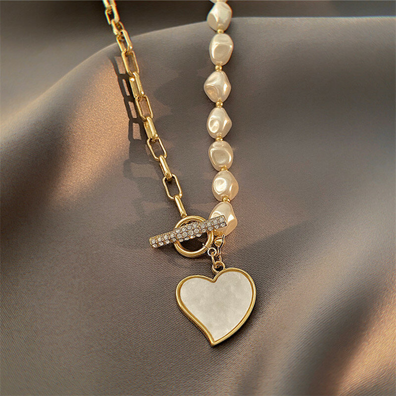 SHANGZHIHUA-Colar de pérolas com pingente de coração para mulheres, corrente oca, joias leves, luxo, presente de festa, tendência fashion, 2021