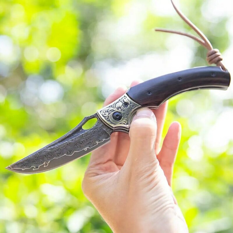 NEWOOTZ Складной нож дамасская сталь лезвие эбеновая ручка выживания охотничьи Тактические Ножи самообороны с кожаным футляром