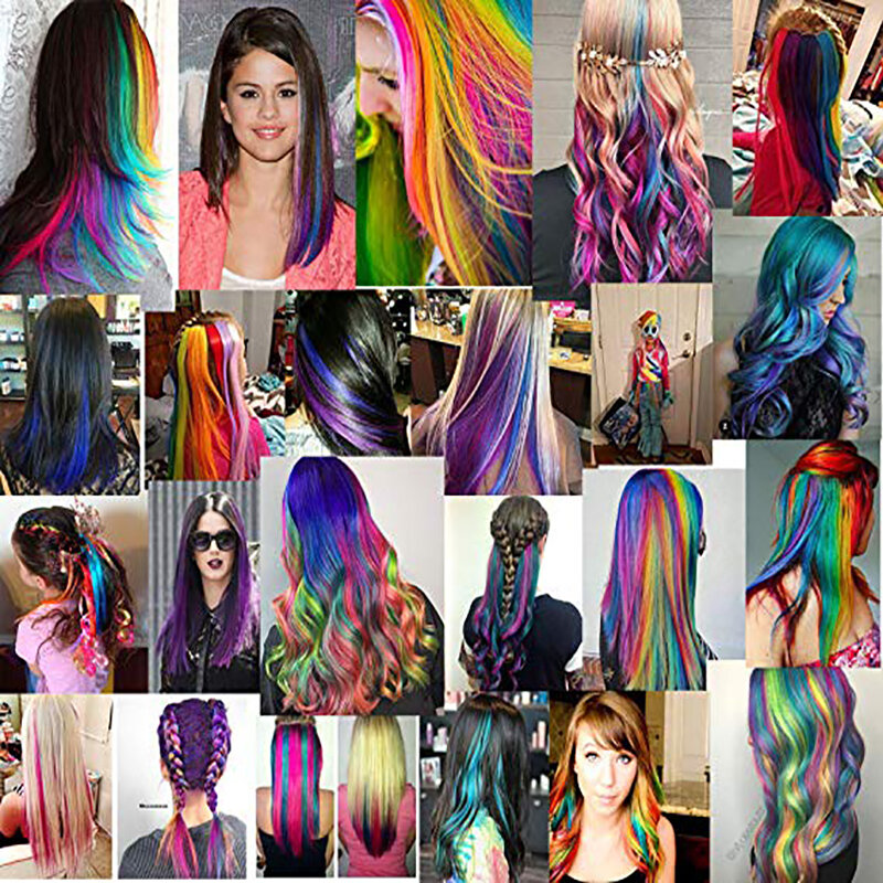 BUQI long straight false color Hair Extensions Clip Highlight Rainbow Hair Streak Pink Synthetic Hair Strands on Clips