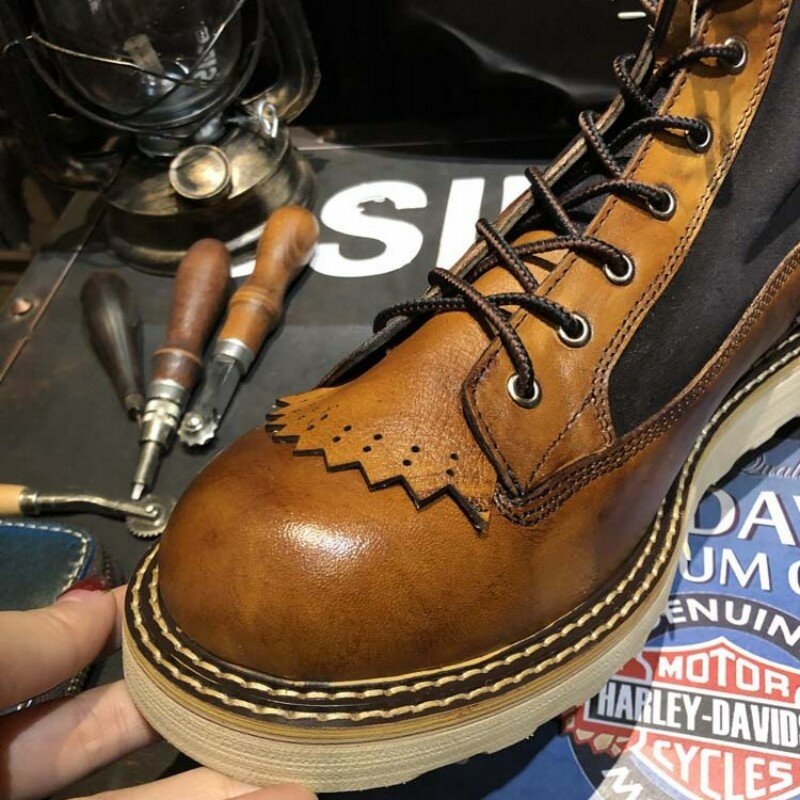 Work Retro Genuine Safety Leather Men Patchwork Lace Up Biker Platform Ankle Boots Luxury High-Top Riding Shoes Botas