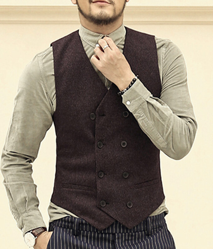 Mens Single-breasted Suit Vest V Neck Wool Waistcoat Casual Formal Double-breasted Business Vest Groomman For Wedding