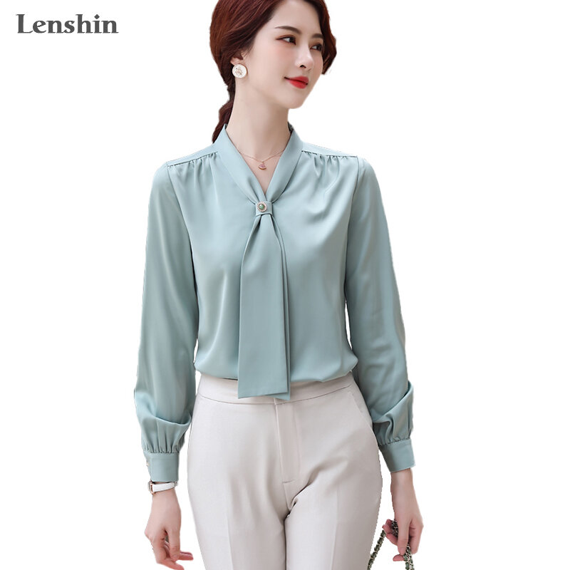 Lenshin Soft Fabric Shirts for Women V-neck Blouse with Bow Work Wear Office Lady Female Tops Chemise Loose style