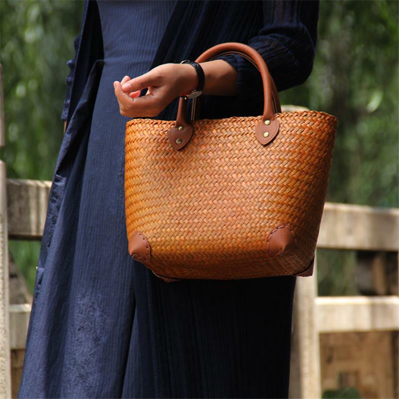 Соломенная Сумка из ротанга, 29x21 см, Плетеная соломенная сумка в стиле ретро, оригинальная женская сумка-ведро для отпуска a6104