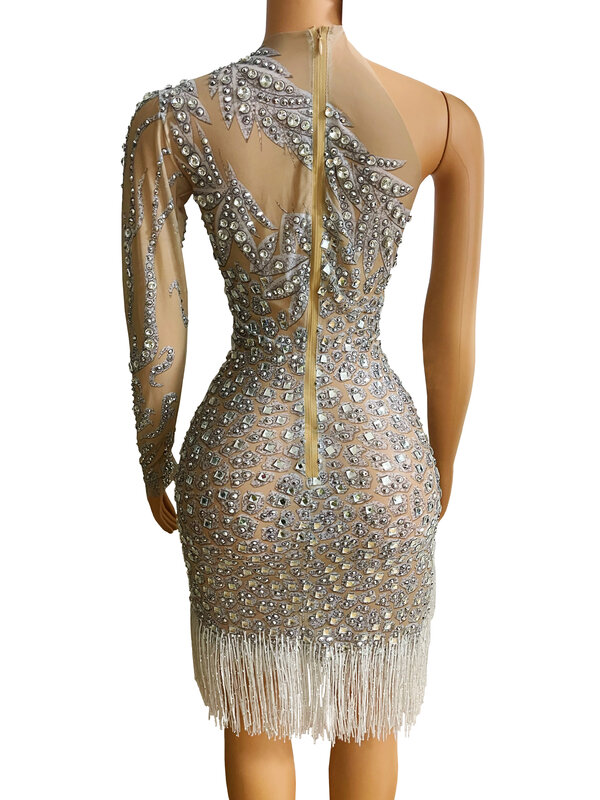 Vestido transparente con flecos y diamantes de imitación para mujer, traje Sexy de un hombro, con hojas, para baile latino, espectáculo de moda