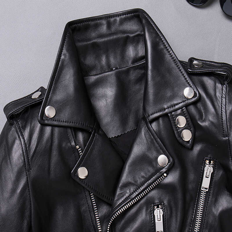 Chaqueta de piel auténtica para mujer, chaqueta de piel de oveja auténtica ajustada, de alta calidad, para Moto, chaqueta de cuero para motociclista
