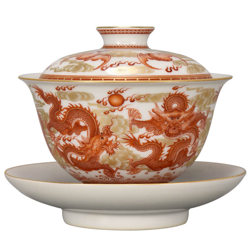 Cerámica Jingdezhen alumbre pintado en rojo oro dragón cubierta tazón hecho a mano grande tazón de té de alta calidad privado personalización