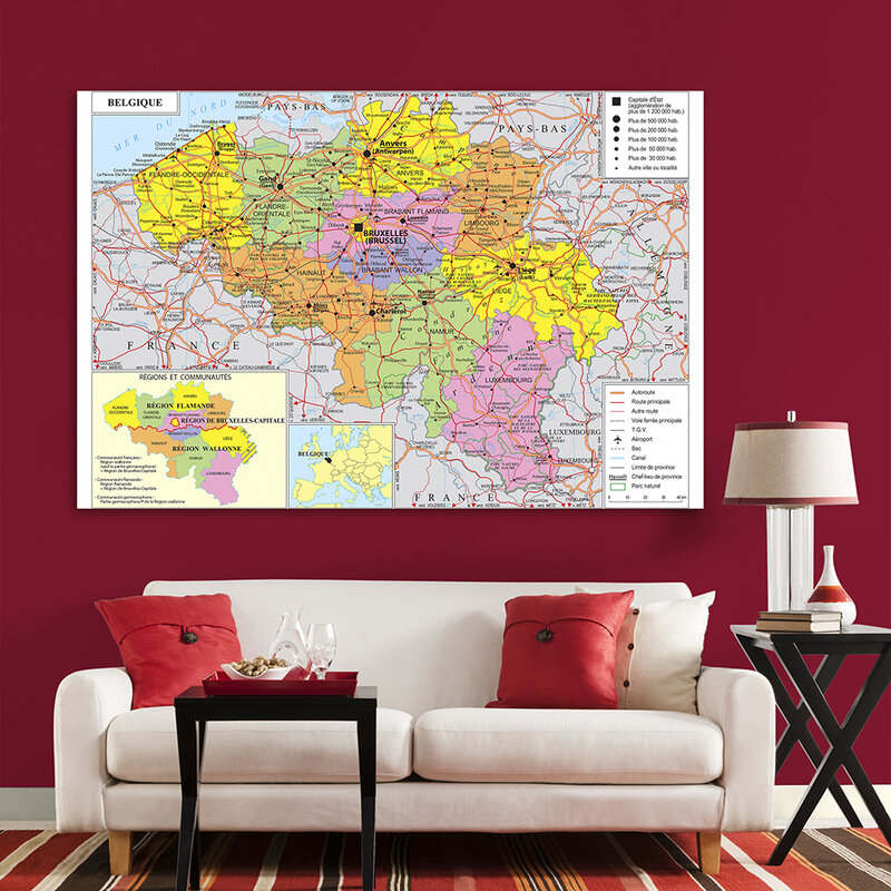 Mapa de transporte de Bélgica en francés, lienzo no tejido, póster grande, decoración del hogar, suministros escolares, 7x5 pies