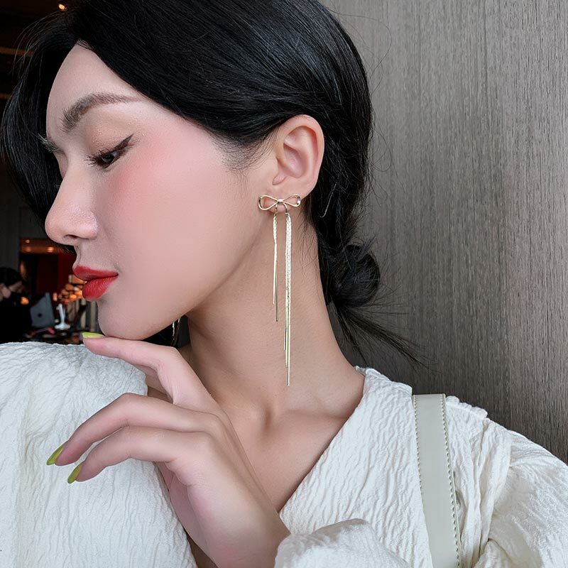 Classic Metal Bow Gold Colour Tassel Drop Earrings For Woman 2023 New Korean Fashion Jewelry Wedding Party Girl's Sexy Earrings