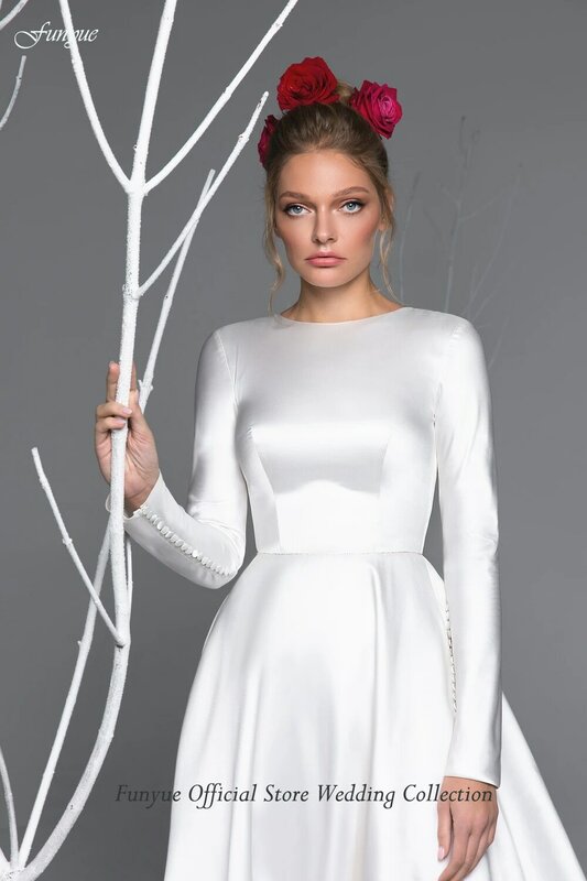 Женское ТРАПЕЦИЕВИДНОЕ свадебное платье Funyue, белое атласное платье невесты в мусульманском стиле, с длинным рукавом, модель 2022 года