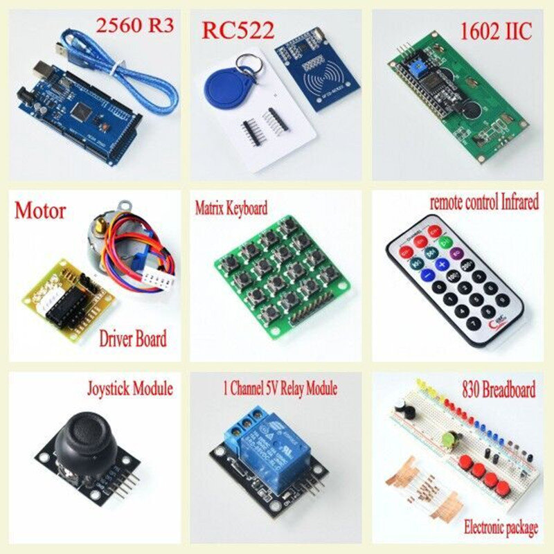 Kit de iniciación mega 2560 r3, servo de motor RFID, relé de rango ultrasónico LCD para arduino