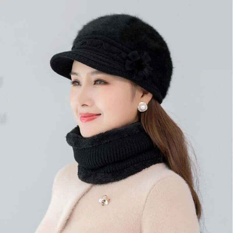 Topi Musim Dingin Perempuan Rajutan Topi Bulu Kelinci Bib Sarung Tangan Setelan Baret Bunga Tua Setengah Baya Ditambah Beludru Topi Hangat Hadiah untuk Ibu