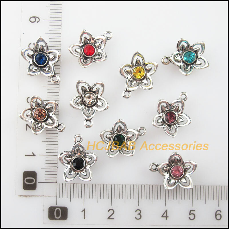 10 New Flower Charms Tibetan Silver Tone Retro Mixed Crystal Pendants 14x17mm