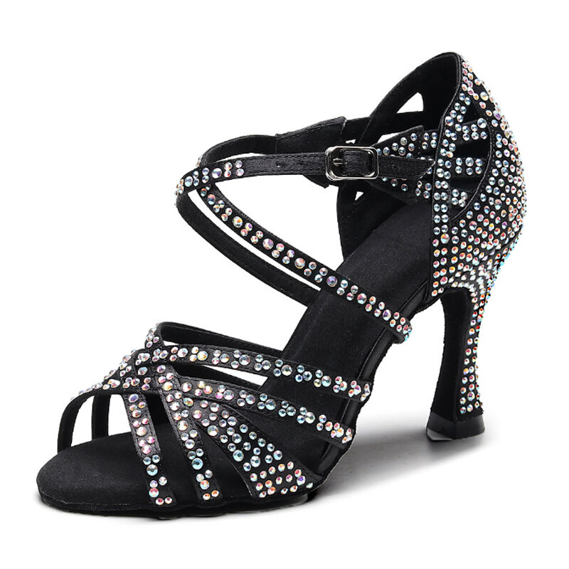 Chaussures de danse latine dames salsa tango baskets de danse filles sandales à talons hauts chaussures de danse carrées d'été strass en satin noir marron Livraison gratuite