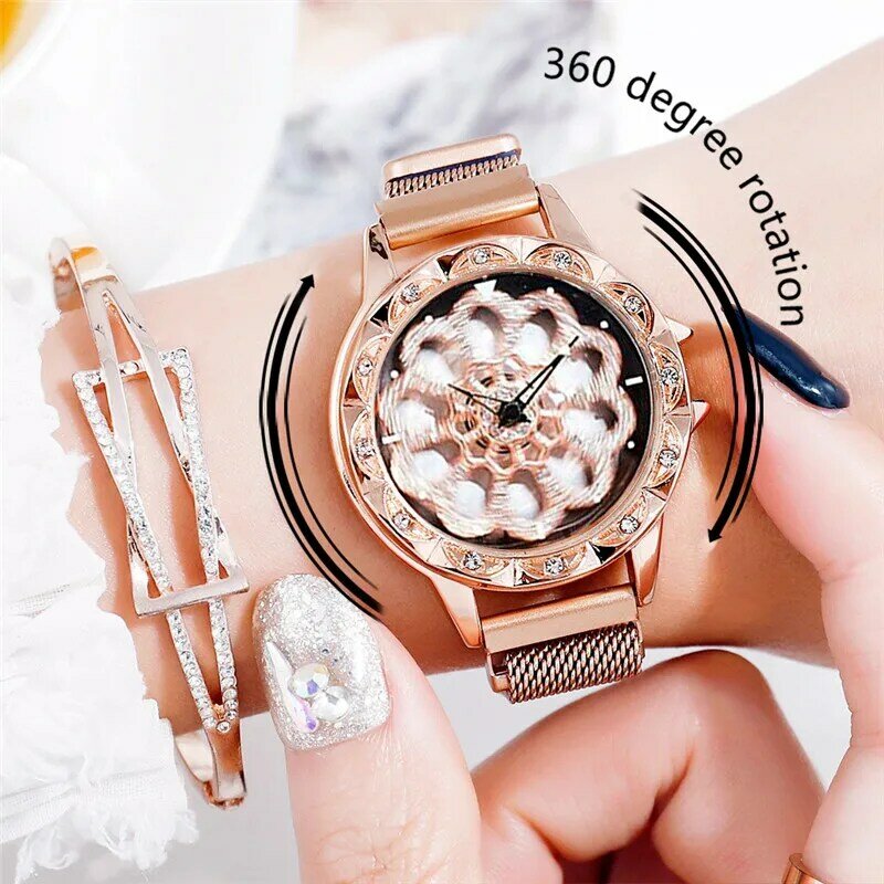 Montre de luxe pour femmes, rotation de 360 degrés, montre-bracelet à Quartz magnétique, horloge de date, montres pour femmes