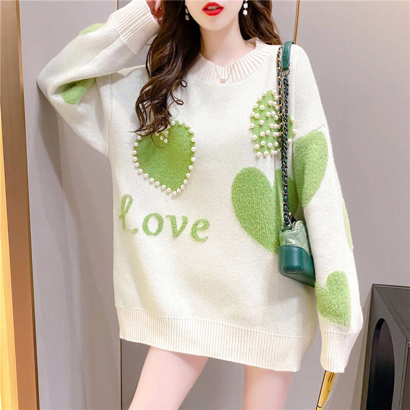 #3822 вязаный женский свитер с рисунком, повседневный свободный трикотажный пуловер с жемчугом, Женский хлопковый корейский стиль