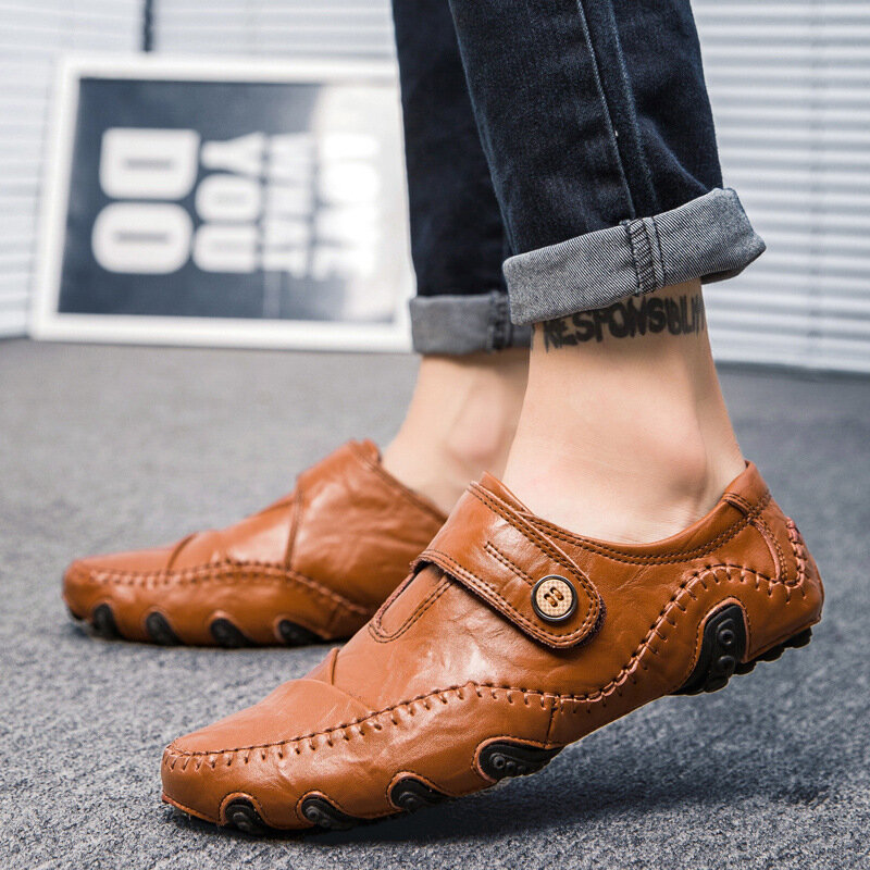 Zapatos planos de negocios para hombre, zapatillas informales de cuero, de gran calidad, para conducir, talla grande 38-47