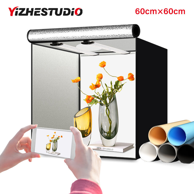 Yizhestudio – boîte de Studio Photo de 60cm, chambre à lumière Led pliable, intensité variable, tente lumineuse avec arrière-plans de 4 couleurs pour Photo