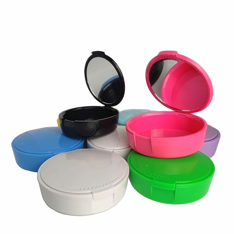 Caixa de armazenamento de dente com espelho oval dentadura armazenamento ortodôntico retentor caixa de chaves molar portátil 8 cores caixa de dente crianças